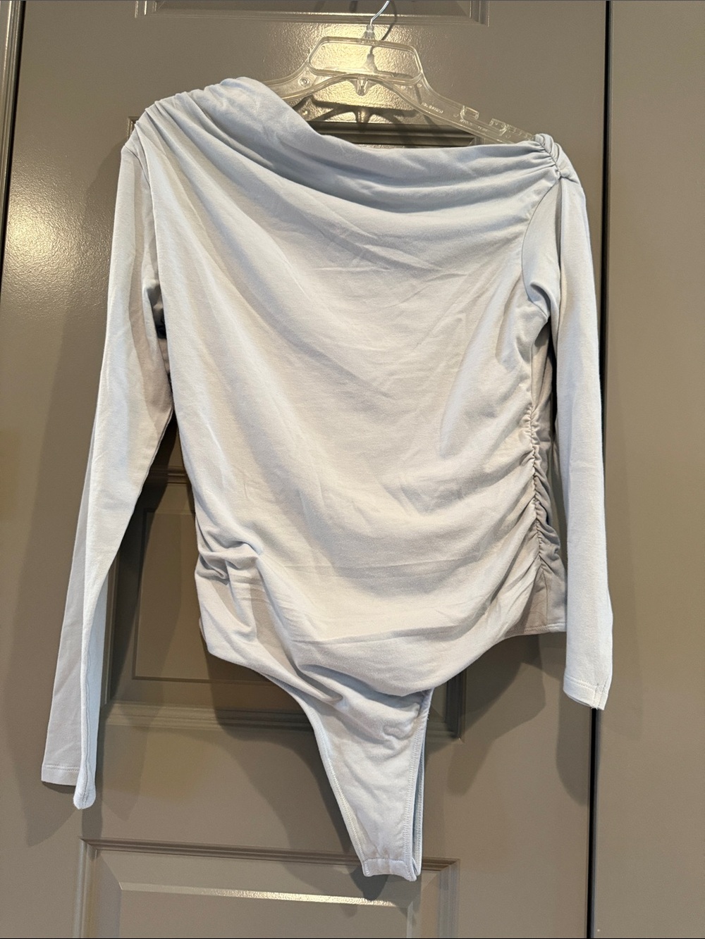 Chelsea & Violet Light Blue One-Shoulder Ruched Long Sleeve Bodysuit